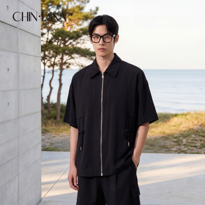 天丝羊毛短袖黑色衬衫男士高级感