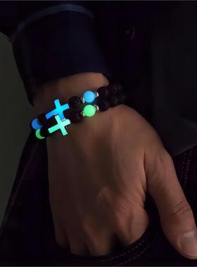 夏季新款热卖然火山石夜光复古手链 多色发光十字架珠子手链手饰