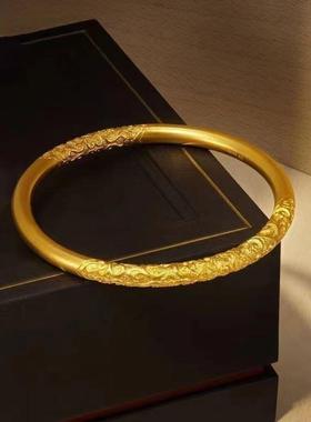 蛇年春节紫荆花卷草纹实心新款素圈爆款手镯雕花宫廷女友礼物送礼