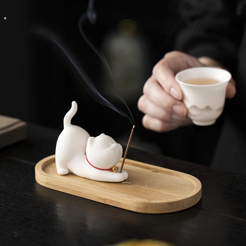 陶瓷可爱小猫咪线香插香座香薰炉摆件治愈茶宠家用室内线香插檀香