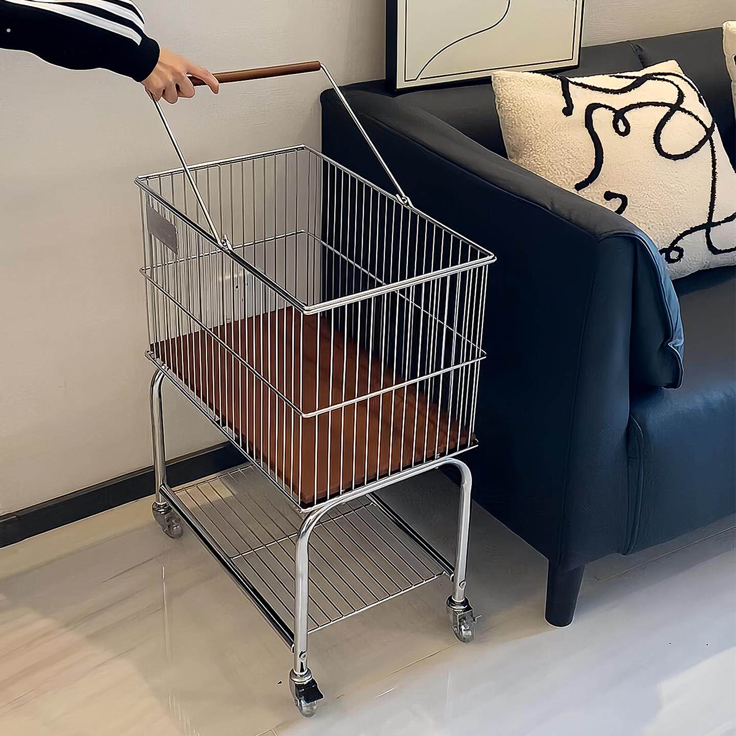 不锈钢中古脏衣篮衣服收纳筐卫生间移动架子脏衣篓双层推车置物架