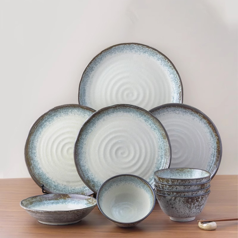 美浓烧日式进口釉下彩月晕青白饭碗餐盘陶瓷家用套装10件套