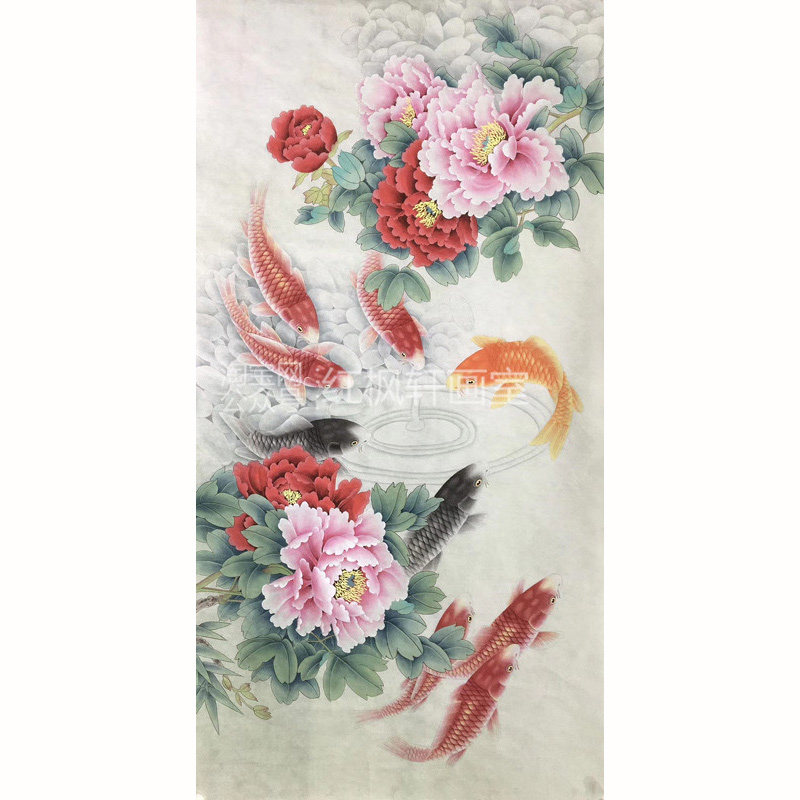工笔画白描底稿幅四尺六尺竖幅荷花牡丹九鱼图国画熟宣纸手绘稿