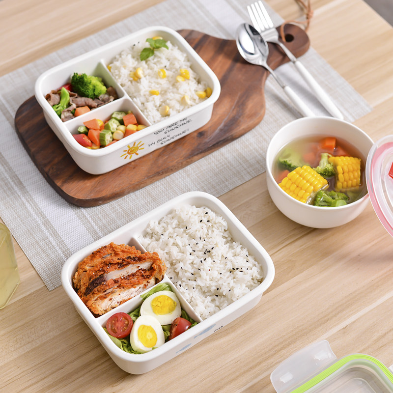 陶瓷三格饭饭盒盖保鲜密封微波炉加热四面扣打包便当盒
