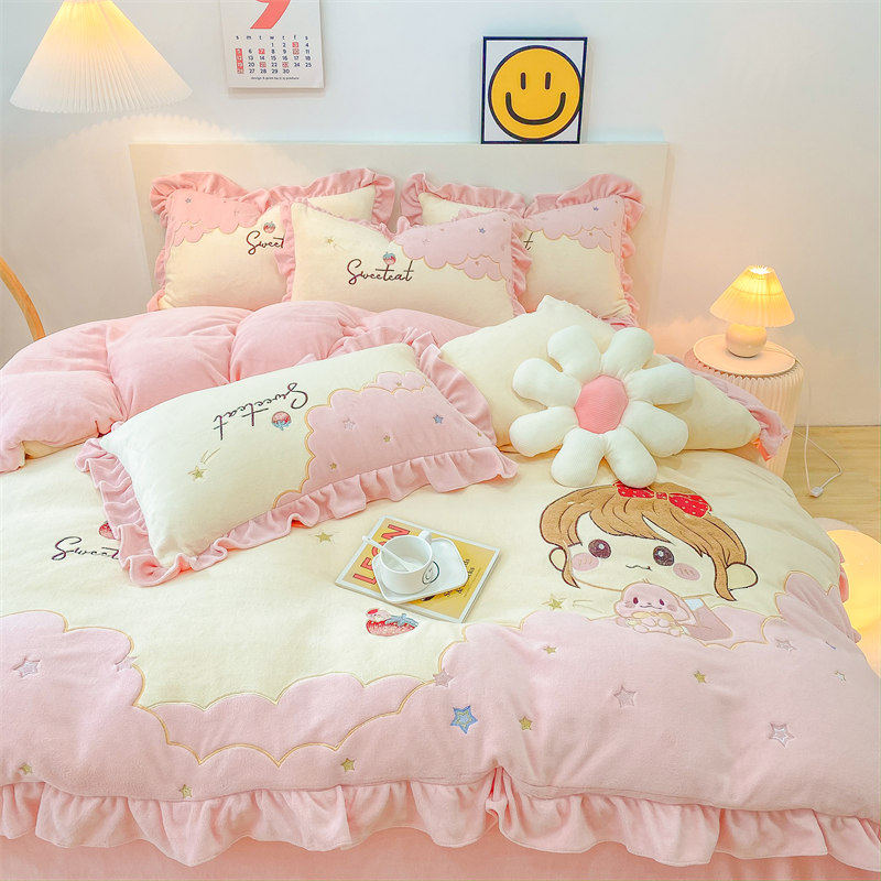冬季加厚被套女孩刺绣公主风宝宝绒珊瑚绒四件套被罩