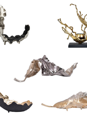 进口铝制枯树叶状花器摆件新中式复古轻奢样板间客厅果盘烛台装饰