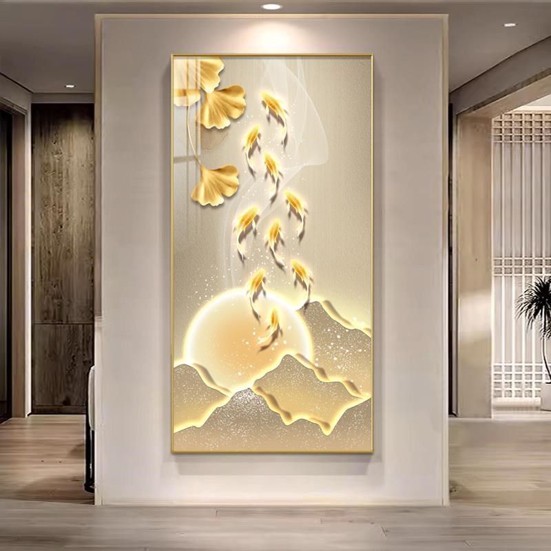 金山招财入户玄关装饰画客厅尽头九鱼聚财LED灯画轻奢大气发光画