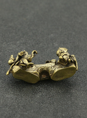 复古纯黄铜棋逢对手小家居书房迷你人物文玩手把件