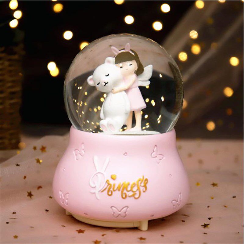 彩自动飘雪花旋甜美兔儿妹玻璃晶球音乐盒儿童女生日礼品