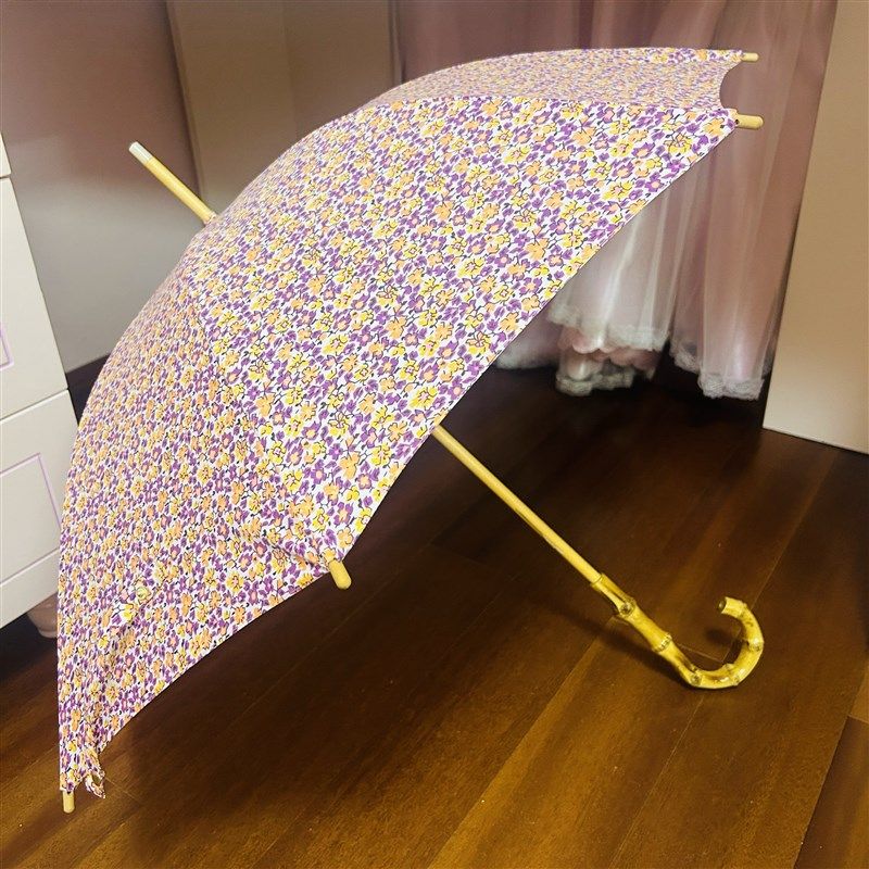 暗黑系复古棉布绒烧花风木圆环竹节手柄手动风长柄遮阳伞女神