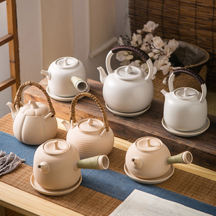 陶瓷白泥煮茶壶苏打釉南瓜提梁壶侧把壶户外烧壶陶壶煮茶器