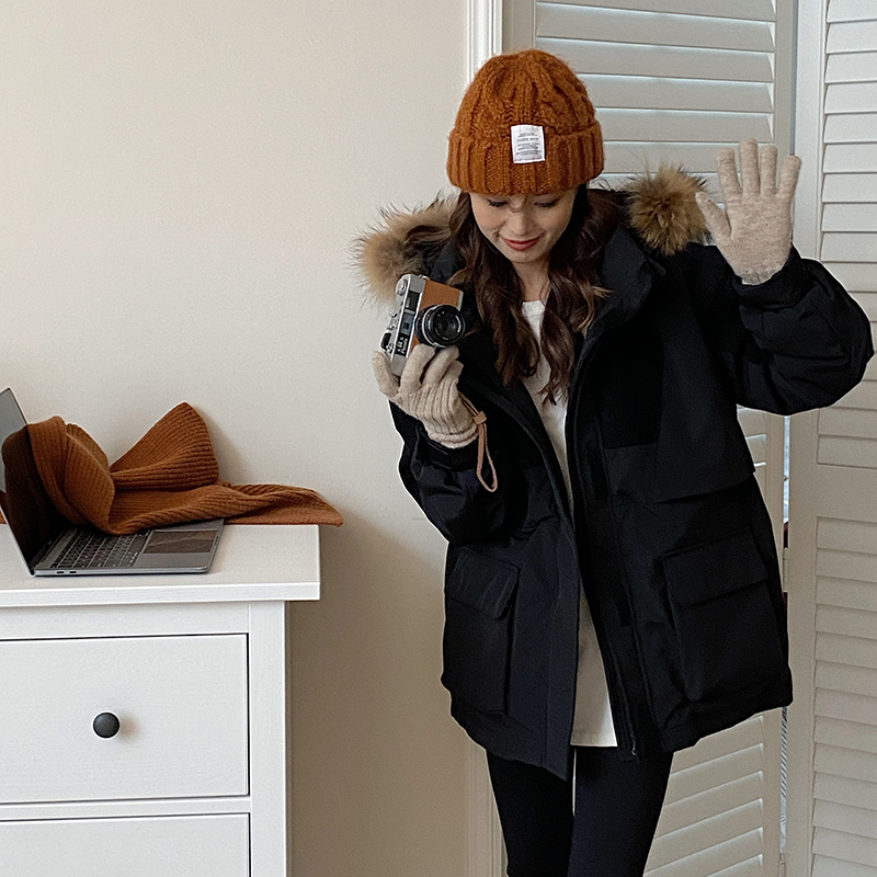晴雨雪情侣工装羽绒服女新款中长款白鸭绒大毛领加厚派克服冬外套