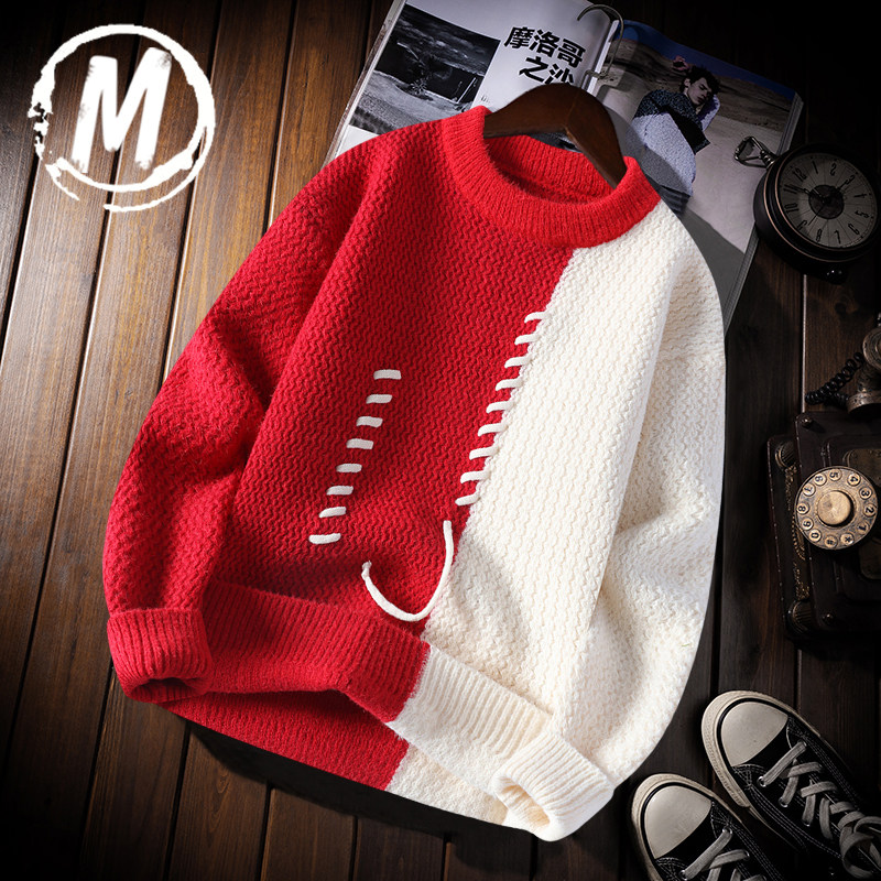 撞色拼接圆领毛衣男秋冬季针织衫