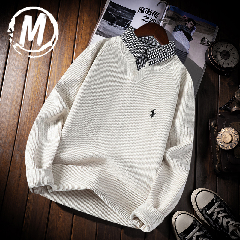 假两件毛衣男衬衫领2025秋冬季新款商务休闲纯色带领针织衫男上衣
