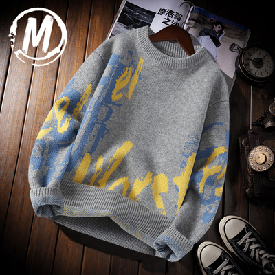 圆领印花毛衣男秋冬季针织衫