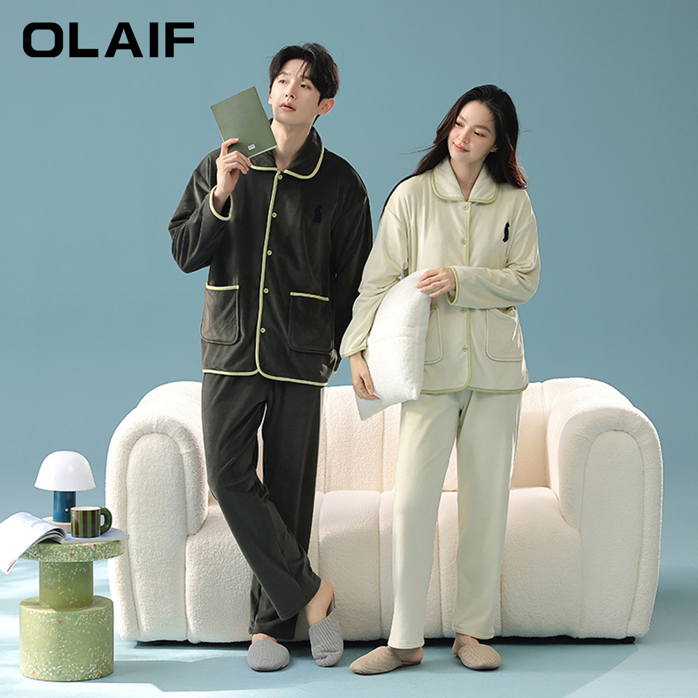 OLAIF 阳离子德绒撞色秋冬季保暖情侣睡衣高级感宽松家居服套装