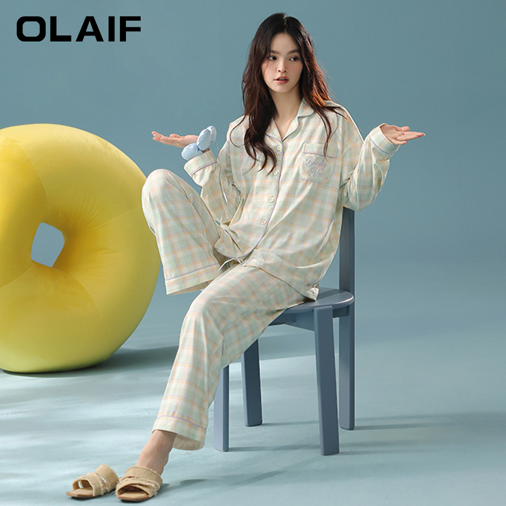 OLAIF 2025新款春秋季格纹睡衣女长袖a类纯棉女士休闲家居服套装