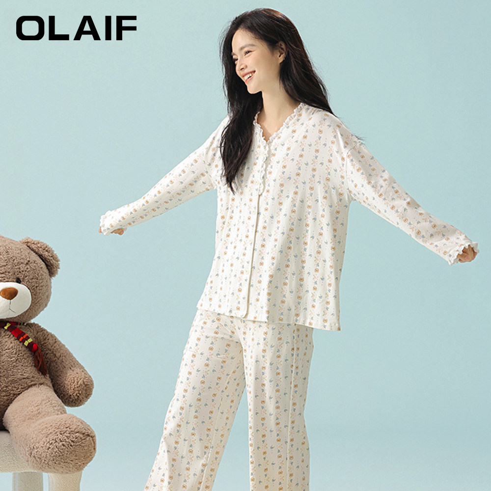 OLAIF 春季新款睡衣女士纯棉长袖长裤拉架棉女款韩系家居服套装