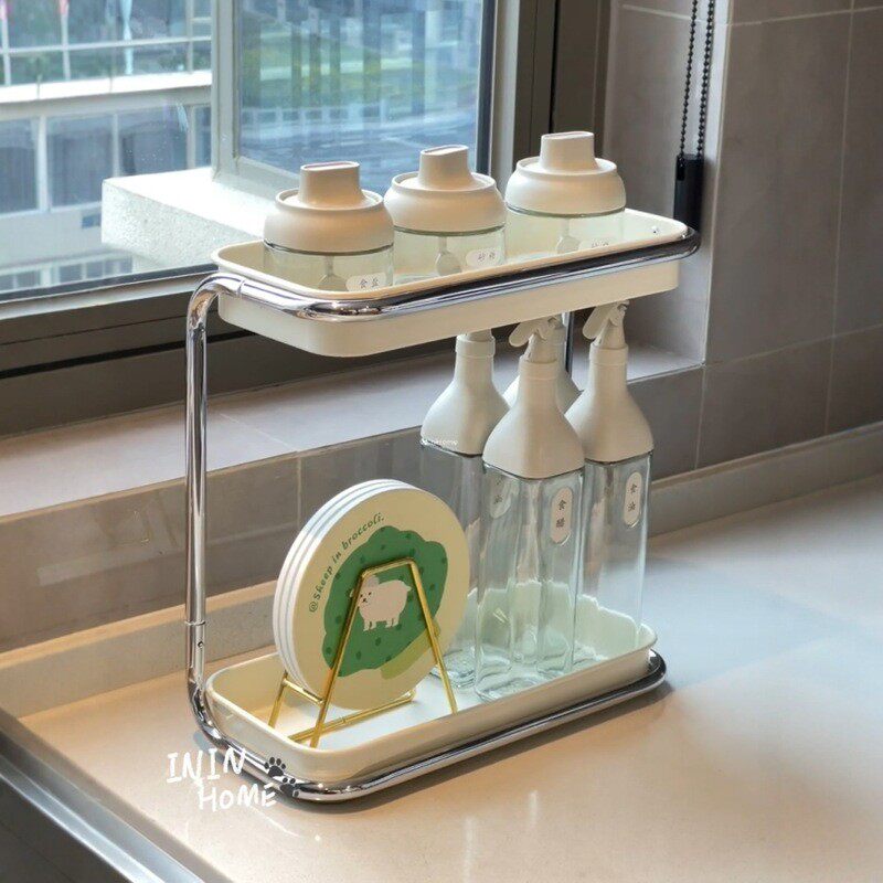 厨房调料罐收纳架家用双层酱油醋干料置物架多功能不锈钢调味瓶架