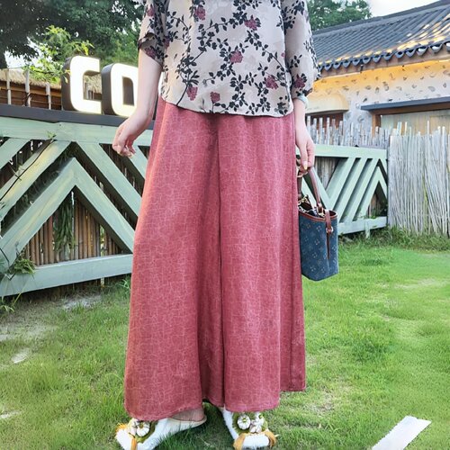 中式复古桑蚕丝香云纱高腰阔腿裤