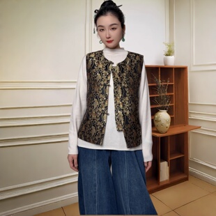 沁月新中式 国风100%桑蚕丝非遗宋锦圆领对襟一字扣老钱风高端马甲
