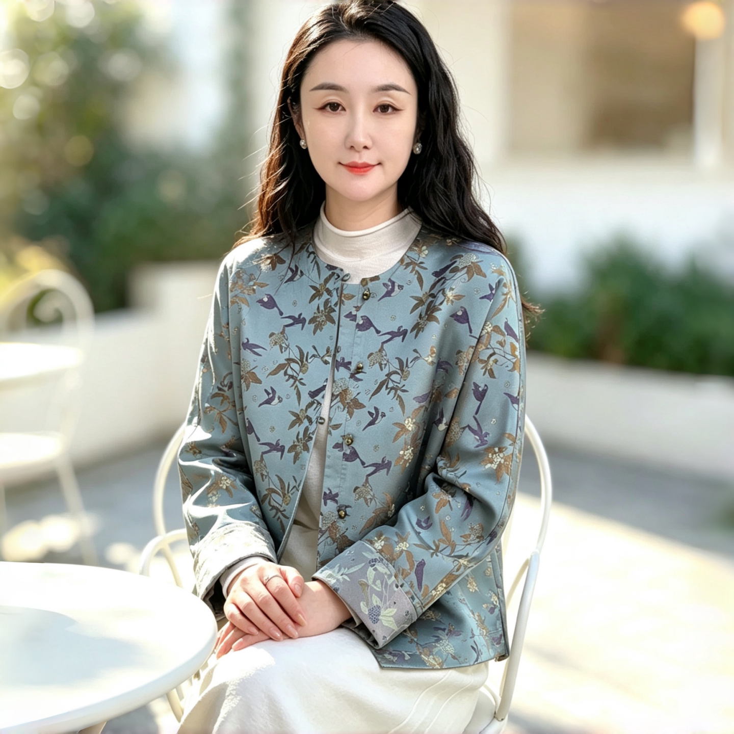 桑蚕丝宋锦琵琶山雀新中式真丝上衣女长袖圆领外套通勤气质女装
