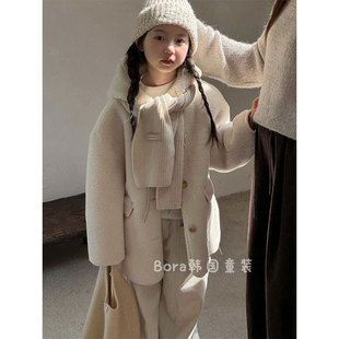 女童大衣毛绒短款儿童外套秋冬装2026新款大童白色独特超好看上衣