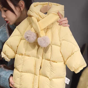 2025年冬季新款儿童女童云朵泡芙羽绒服黄色连帽保暖洋气时尚外套