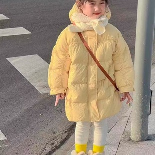 宝宝连帽羽绒棉服女童中长款加厚保暖黄色外套2025冬装新款棉袄
