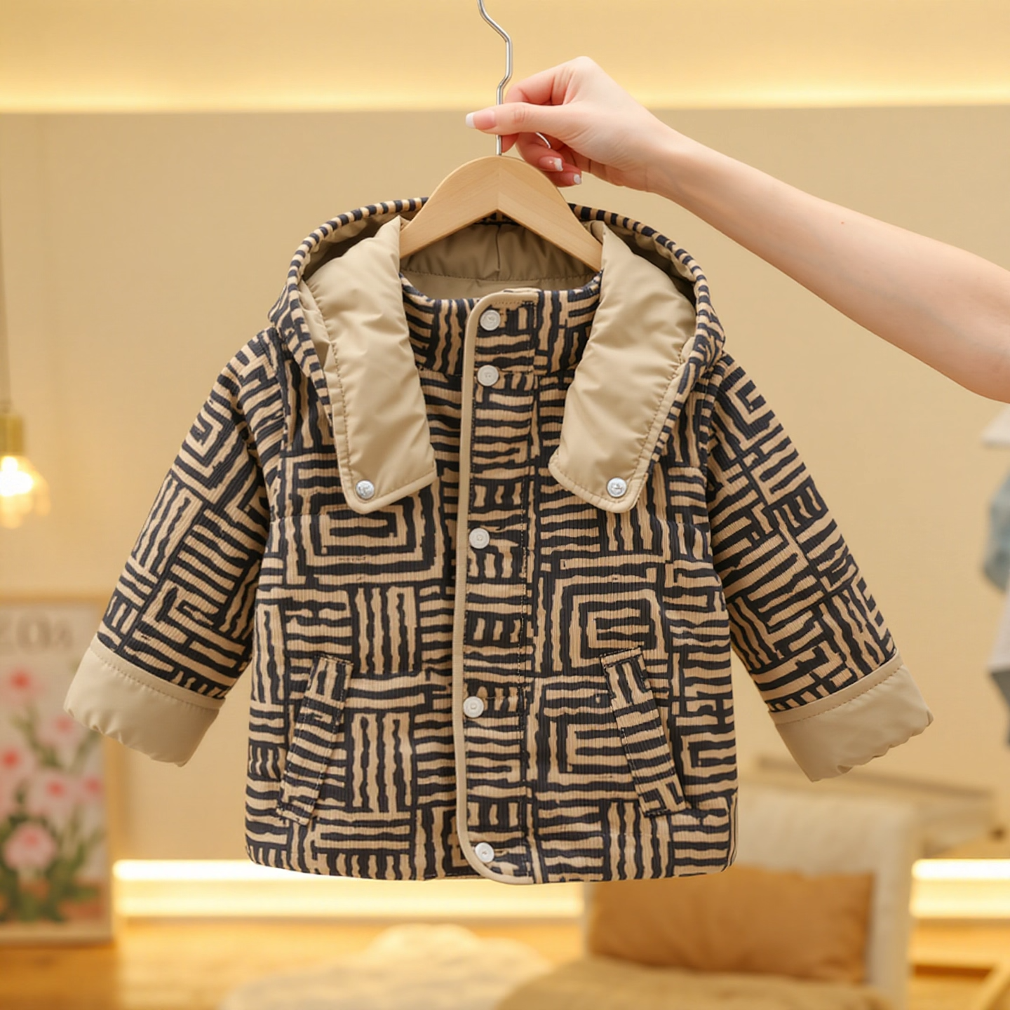 冬季新款宝宝格纹连帽加绒棉服