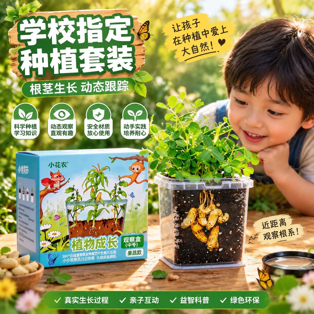 JTSK儿童种植小盆栽套装植物生长观察盒花生种子向日葵番茄小实验