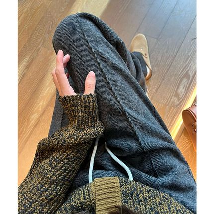 毛呢直筒裤女秋冬高腰垂感窄版阔腿裤休闲人字纹加厚灰色西装长裤