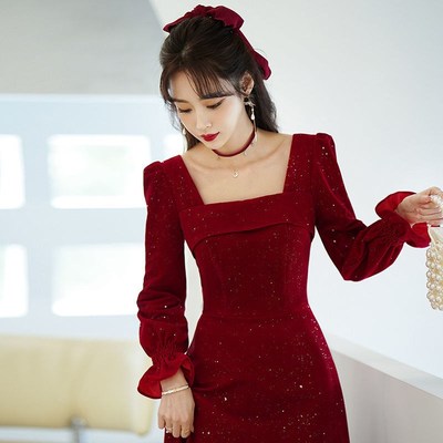 红色敬酒服新款结婚礼服小个子气质显瘦方领长款晚礼服连衣裙高级