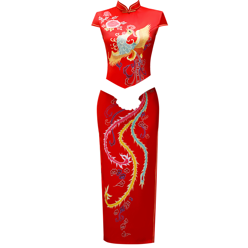 大红色走秀旗袍长款演出礼服凤凰图案喜庆连衣裙年会妈妈女装大码