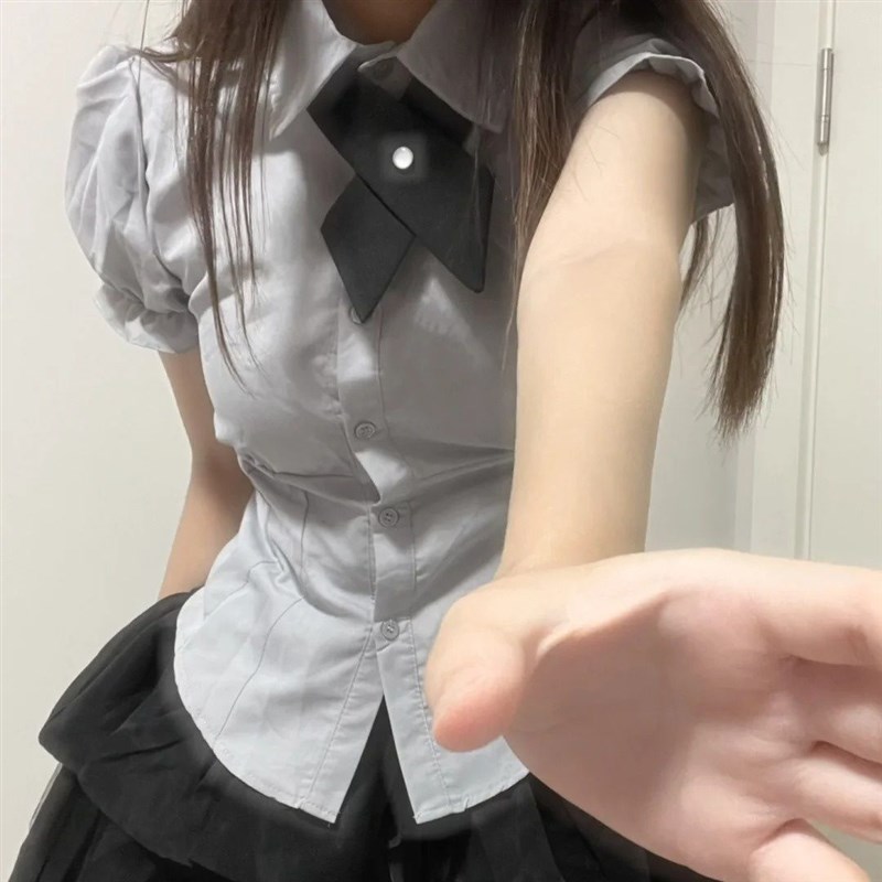 夏季新款日系JK制服套装女收腰显瘦泡泡袖衬衫上衣高腰蓬蓬蛋糕裙