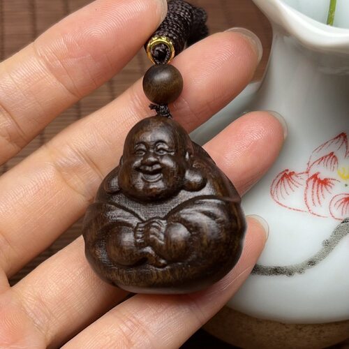 沉香木有福弥勒吊坠脖挂一团和气木雕手把件实木工艺雕刻文玩