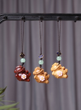 小叶紫檀木雕刻马吊坠DIY风马上有钱花挂件创意手机链配饰包包挂