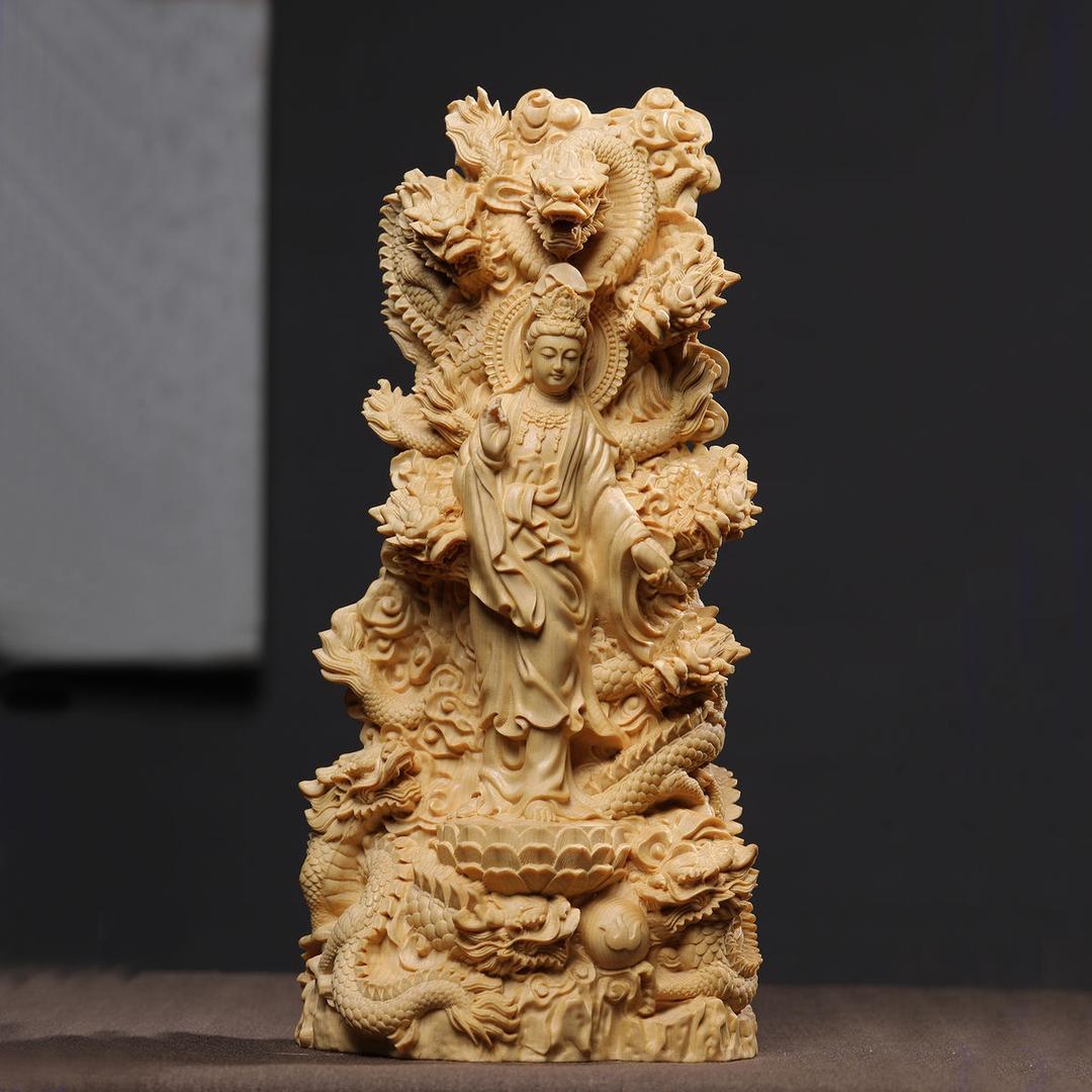 桧木精雕九龙观音佛像摆件家居寺庙佛堂装饰红木工艺品20公分