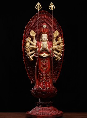 香樟木描金千手观音佛像摆件红木家居装饰品收藏工艺