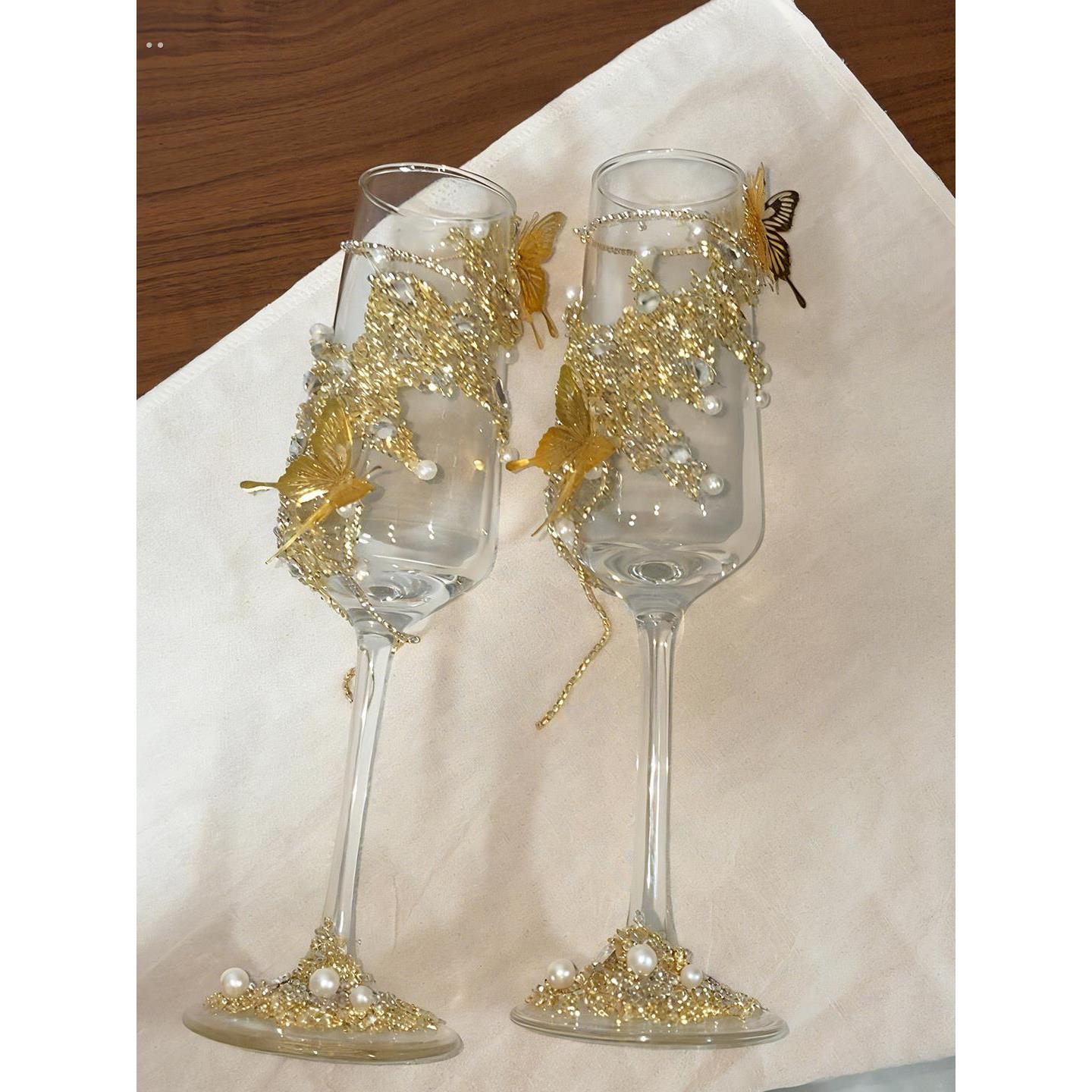 【订婚礼物】手工碎钻diy敬酒杯一对香槟杯高级感结婚礼物实用性