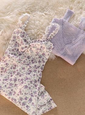 2025新款小个子法式雪纺短裙紫色碎花吊带洋装开 衫两件式套装女