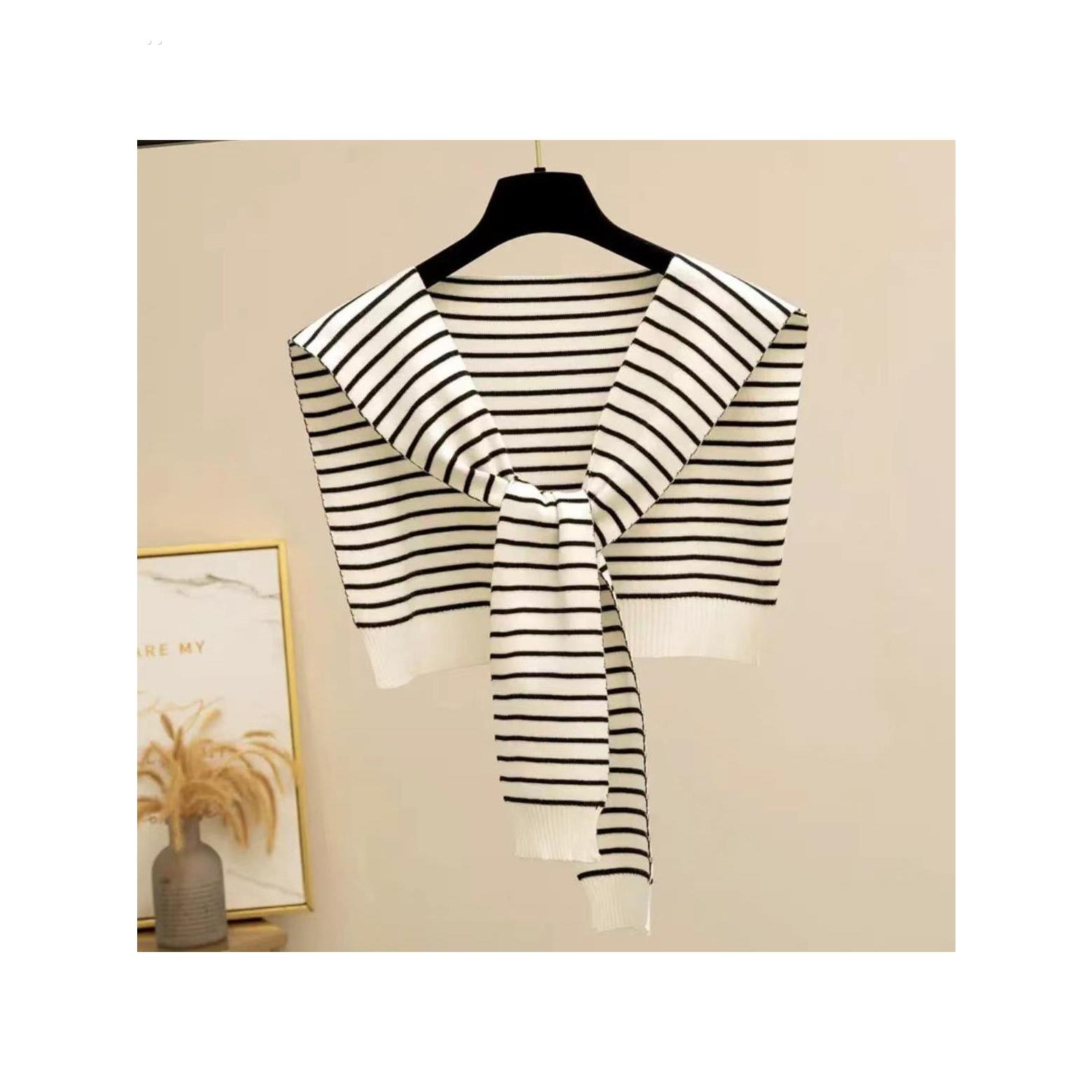 白色条纹外搭小披肩针织打结女韩版百搭装饰假领子围巾春夏秋搭肩