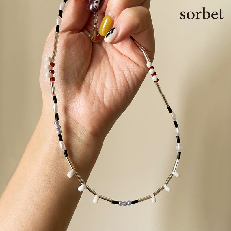 sorbet白米粒蚊子血手工玻璃复古风小众设计彩色串珠短项链锁骨链