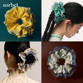 高级感法式 sorbet 波浪花瓣 复古设计格纹大肠发圈发饰绳头花边