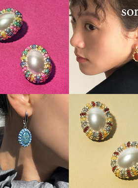 sorbet《珍珠糖粒》复古风港式手工串珠高级感设计耳环无耳洞耳夹
