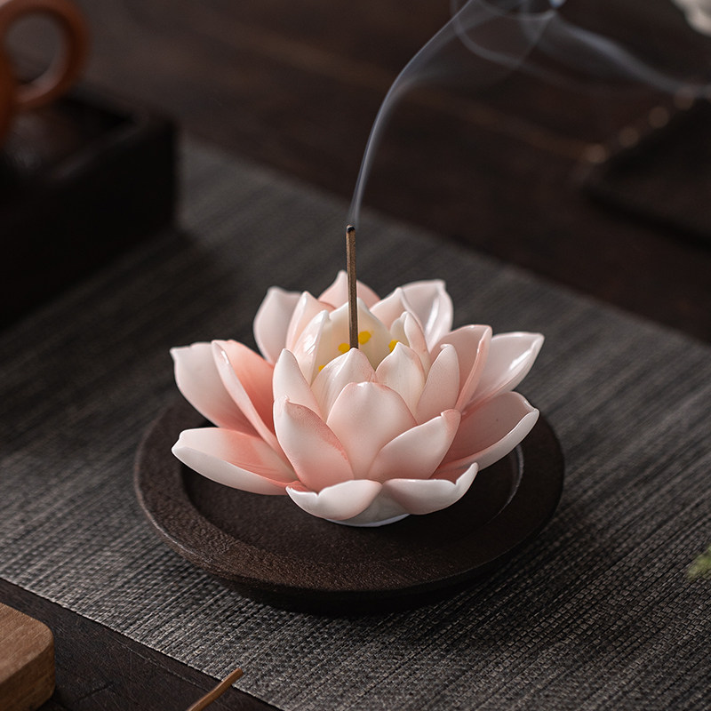 纯手工冰种陶瓷雪莲花线香香插香炉送女友生日摆件家用室内香薰炉