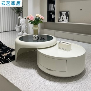 2024新款 奶油風(fēng)茶幾小戶型現(xiàn)代簡(jiǎn)約客廳家用輕奢高級(jí)感圓形玻璃