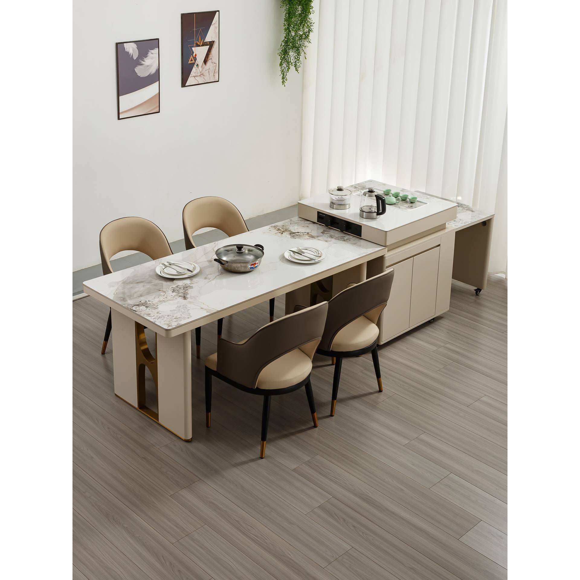 岛台岩板餐桌一体轻奢现代简约伸缩多功能家用带电磁炉饭桌椅组合