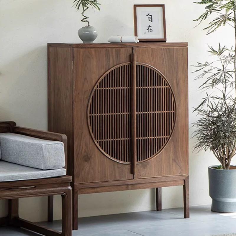 禅意新中式鞋柜餐边柜入户玄关柜老榆木实木门厅靠墙储物柜明月柜