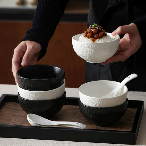 釉下彩石纹陶瓷碗纯白餐具吃饭碗米饭碗高颜值4.5英寸家用个人碗